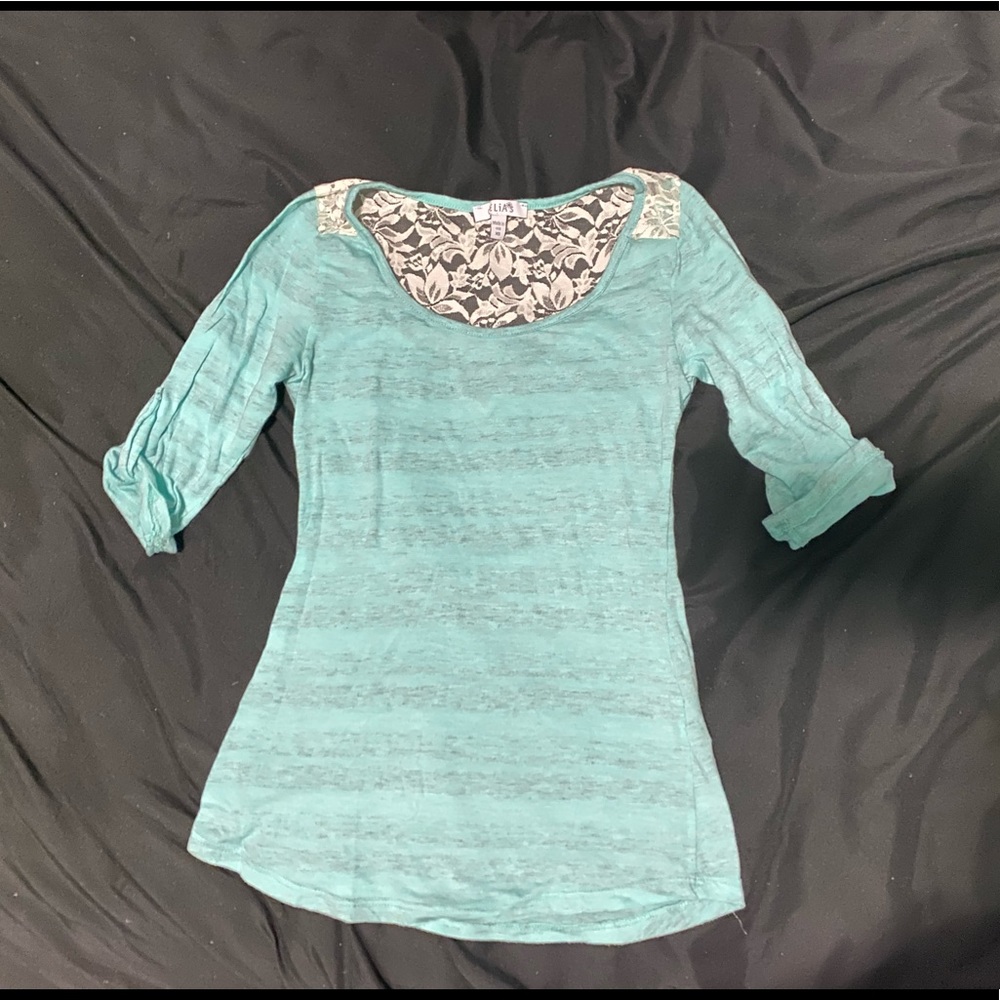 slightly sheer aquamarine shirt with lace detail